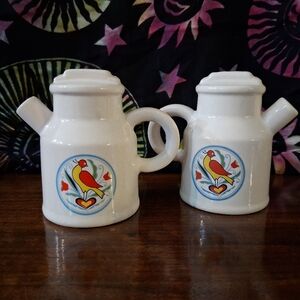 Vintage Salt And Pepper Shakers Milk Pail Pitcher Dutch Hex Sign Pheasant Heart